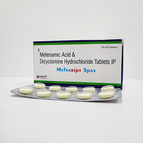 Product Name: Mefnaript Spas, Compositions of Mefnaript Spas are Mefenamic Acid & Dicyclomine Hydrochloride Tablets IP - Kript Pharmaceuticals