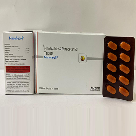 Product Name: Nimuheal P, Compositions of Nimuheal P are Nimesulide & Paracetamol Tablets - Amzor Healthcare Pvt. Ltd