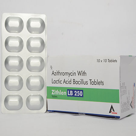 Product Name: ZITHLEN LB 250, Compositions of ZITHLEN LB 250 are Azithromycin with Lactic Acid Bacillus Tablets - Alencure Biotech Pvt Ltd