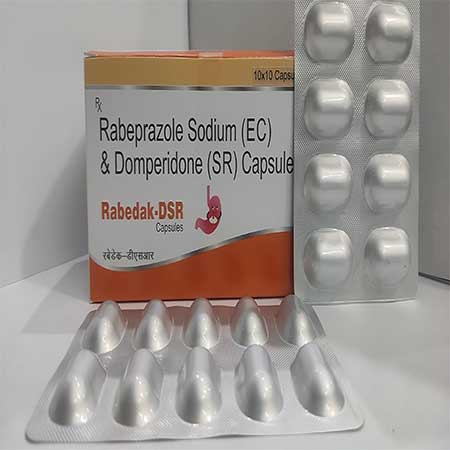 Product Name: Rabedak DSR, Compositions of Rabedak DSR are Rabeprazole Sodium (EC) & Domeperidone (SR) Capsules - Dakgaur Healthcare