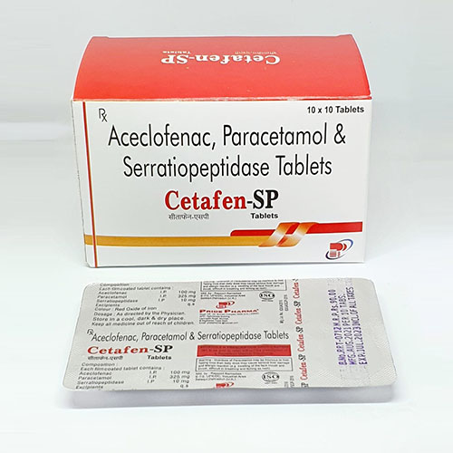 Product Name: Cetafen SP, Compositions of Cetafen SP are Aceclofenac,Paracetamol  & Serratiopeptidase Tablets - Pride Pharma