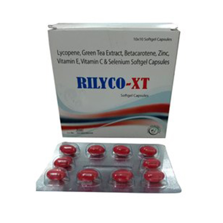 Product Name: Rilyco XT, Compositions of Lycopene, Green Tea Extract, Betacarotene, Zinc, Vitamin E, VVitamin C & Selenium Softgel Capsules are Lycopene, Green Tea Extract, Betacarotene, Zinc, Vitamin E, VVitamin C & Selenium Softgel Capsules - Oreo Healthcare