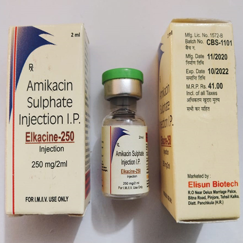 Product Name: ELKACINE 250, Compositions of ELKACINE 250 are Amikacin Sulphate Injection IP - Elisun Biotech