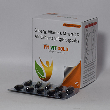 Product Name: FM VIT GOLD, Compositions of FM VIT GOLD are Ginseng,Vitamins,Minerals & Antioxidants Softgel Capsules - Meridiem Healthcare