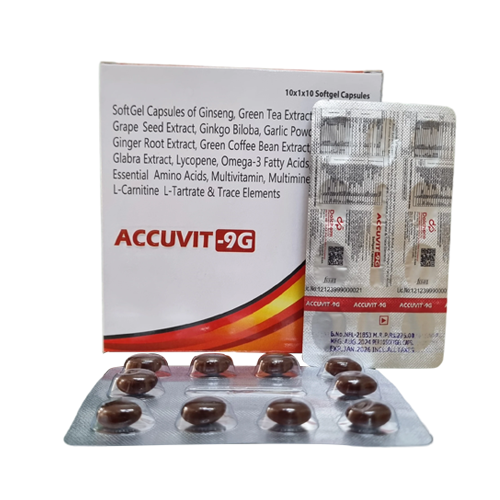Product Name: ACCUVIT 9G, Compositions of ACCUVIT 9G are Soft Gel Capsules of Ginseng, Green Tea Extract Grape Seed Extract, Ginkgo Biloba, Garlic Powe Ginger Root Extract, Green Coffee Bean Extract Glabra Extract, Lycopene, Omega-3 Fatty Acids Essential Amino Acids, Multivitamin,  - Dolchem Pharmaceuticals Private Limited