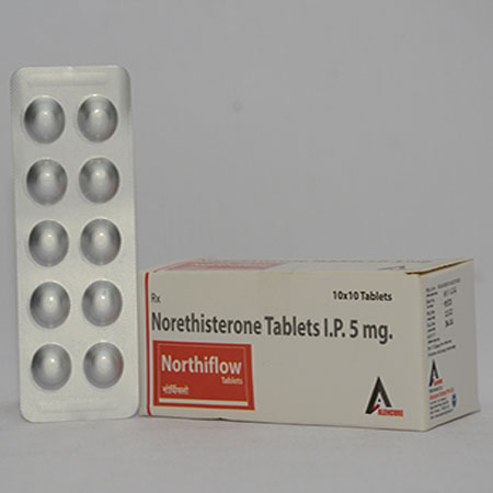 Product Name: NORTHIFLOW, Compositions of NORTHIFLOW are Norethisterone Tablets IP 5mg - Alencure Biotech Pvt Ltd