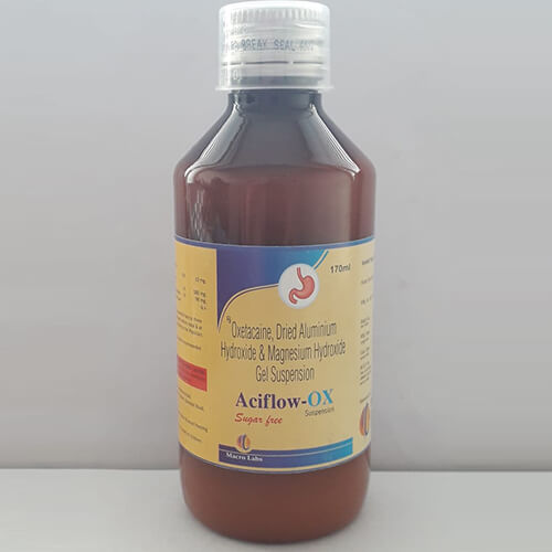 Product Name: Aciflow OX, Compositions of Aciflow OX are Oxelacaine Dried Aluminium Hydroxide Magnesium Hydroxide Gel Suspension - Macro Labs Pvt Ltd