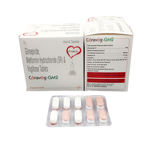 Product Name: Coravog Gm 2, Compositions of Coravog Gm 2 are Glimepiride & Metformin Hcl (SR) & Voglibose Tablets - Arlak Biotech