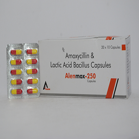 Product Name: ALENMOX 250, Compositions of ALENMOX 250 are Amoxycillin & Lactic Acid Bacillus Capsules - Alencure Biotech Pvt Ltd