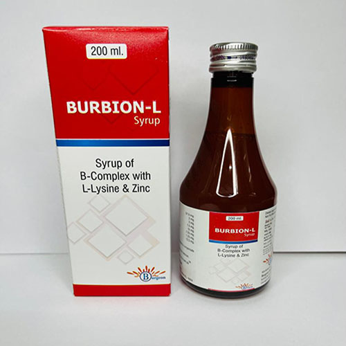 Product Name: Burbion L, Compositions of Burbion L are Syrup B-Complex with L-Lysine & Zinc - Burgeon Health Series Pvt Ltd