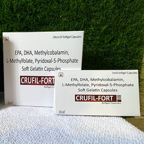 Product Name: Crufil Forte, Compositions of Crufil Forte are EPA,DHA,Methylcobalamin L-Methylfolate,Pyridoxal-5-Phosphate Softgelatin Capsules - Medizec Laboratories