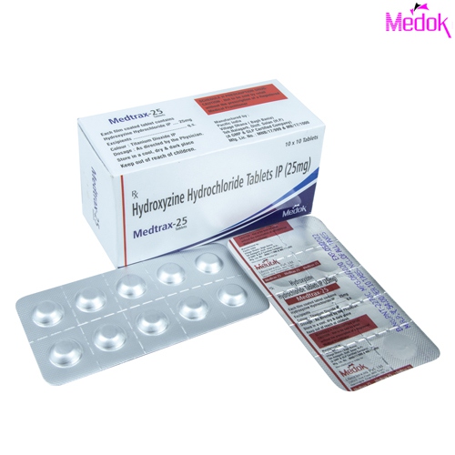 Product Name: Medtrax  25, Compositions of Medtrax  25 are Hydroxyzine hydrochloride tablet I.P 25mg - Medok Life Sciences Pvt. Ltd
