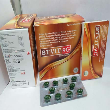 Product Name: Btvit 9G, Compositions of Btvit 9G are Softgel Capsules Of Green Tea Extract,ginkgo Biloba,ginseng,grape Seed Extract,ginger Root,Galic Powder,Glycyrrhizza Glabra Extract,L-Carnitine Multivitamis,Multiminerala & Antioxidant Softgel Capsules - Biotanic Pharmaceuticals