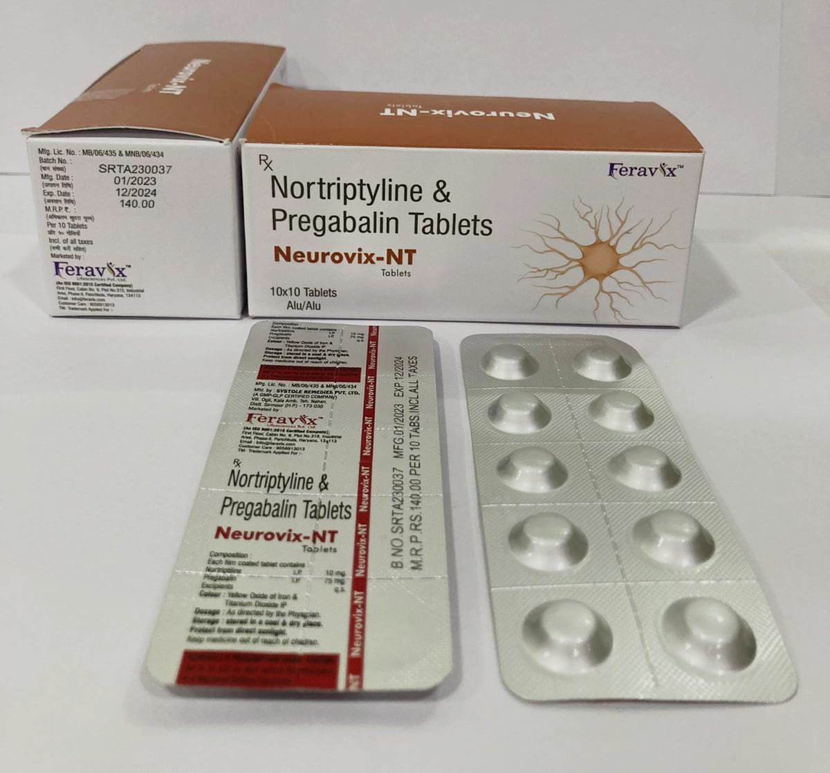 Product Name: NEUROVIX NT Tablets, Compositions of NEUROVIX NT Tablets are NORTRIPTYLINE 10MG, PREGABALIN 75MG - Feravix Lifesciences