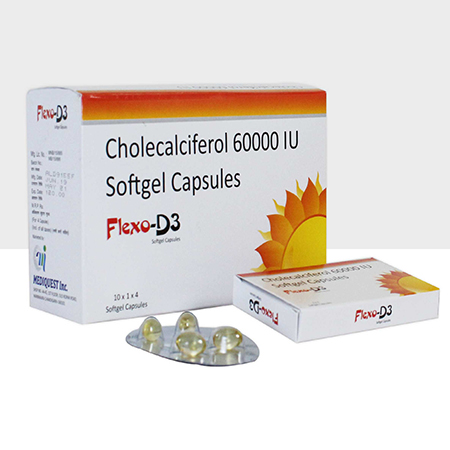 Product Name: FLEXO D3, Compositions of FLEXO D3 are Cholecalciferol 60000 IU Softgel Capsules - Mediquest Inc