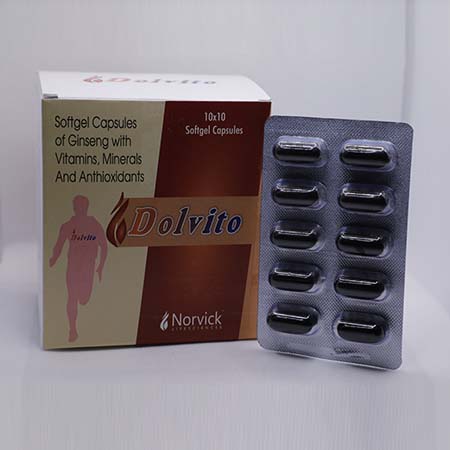 Product Name: Dolvito, Compositions of Dolvito are Gingseng with Vitamins, Minerals and Antioxidants - Norvick Lifesciences