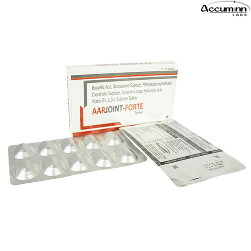 Product Name: Aarjoint Forte, Compositions of Aarjoint Forte are Boswelic Acid, Glucosamine sulphate, Methylsulphonymethane Chondroxitin Sulphate , Curcumin Longa, Hyaluronic Acid,  Vitamin D3 Zinc Sulphate Tablets - Accuminn Labs