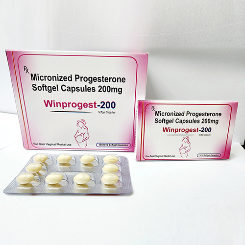Product Name: Winprogest 200, Compositions of Winprogest 200 are Micronized Progesterone Softgel Capsules 200mg - Bkyula Biotech