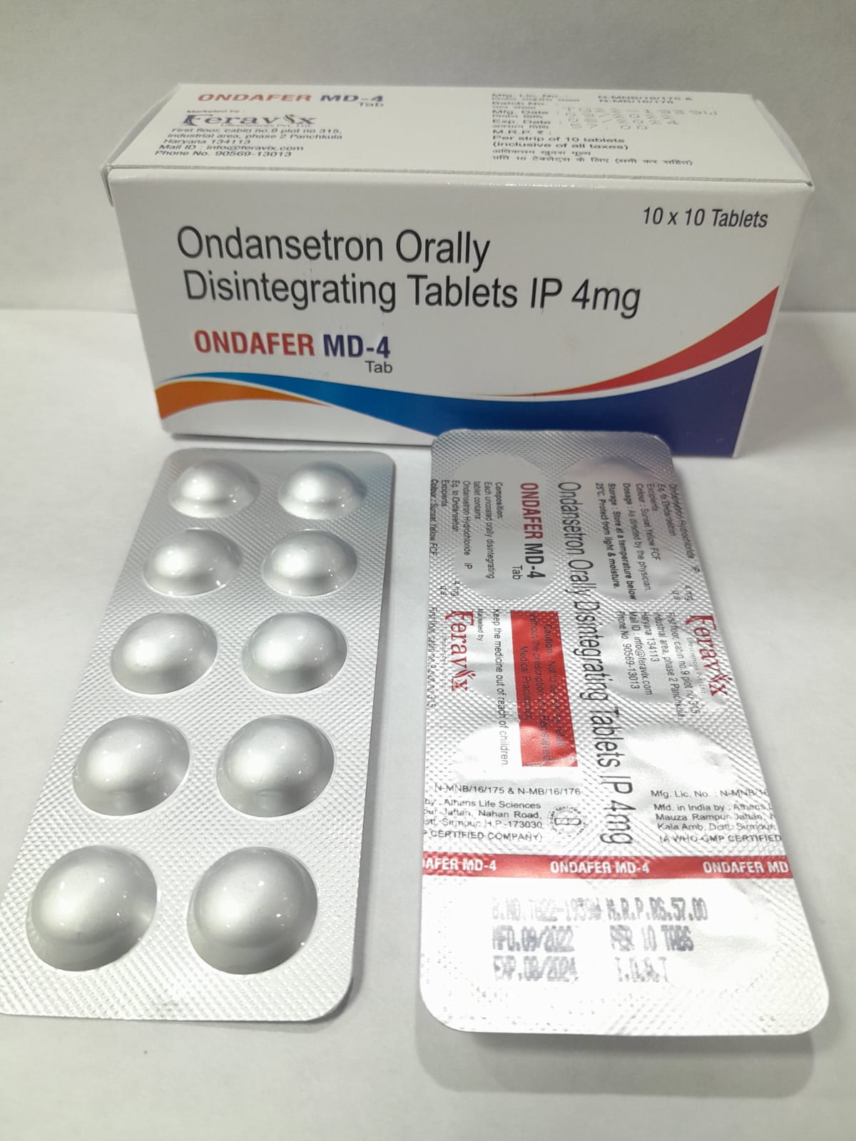 Product Name: ONDAFER MD 4, Compositions of ONDAFER MD 4 are ONDANSETRON HCL EQ. TO ONDANSETRON IP 4 MG - Feravix Lifesciences