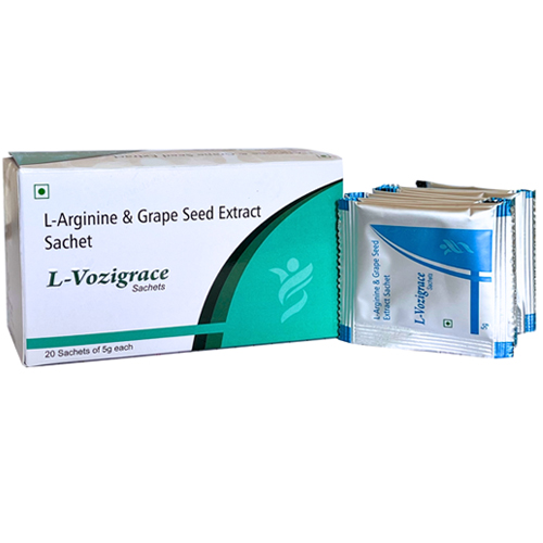 Product Name: L Vozigrace, Compositions of L Vozigrace are L-Arginine and Grape Seed Extract Sachet - Glenvox Biotech Private Limited