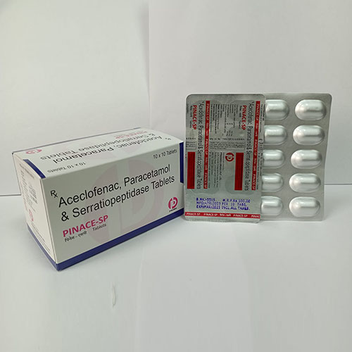 Product Name: Pinace SP, Compositions of Pinace SP are Aceclofenac,Paracetamol and Serratiopepetidase Tablets - Pinamed Drugs Private Limited