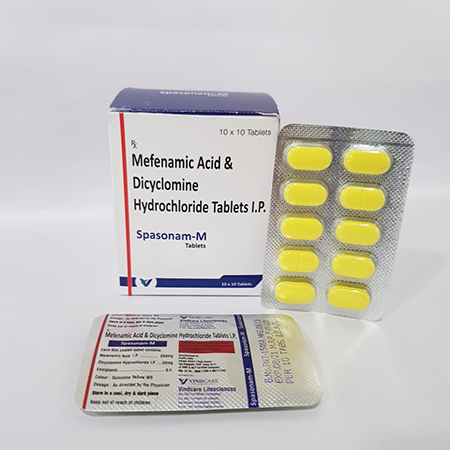 Product Name: Spasonam m, Compositions of Spasonam m are Mefenamic Acid & Dicyclomine HCL Tablets IP - Vindcare Lifesciences