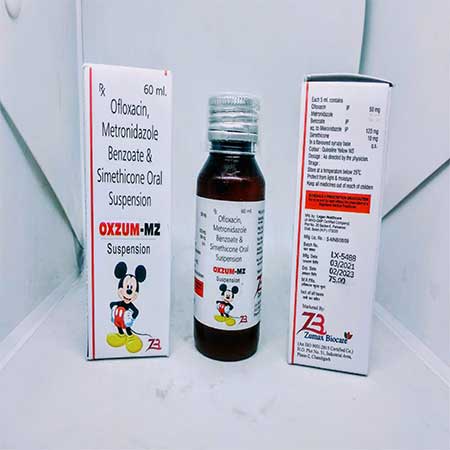 Product Name: Oxzum OZ, Compositions of Ofloxacin,Metrornidazole,Benzoate & Simethicone Oral Suspension are Ofloxacin,Metrornidazole,Benzoate & Simethicone Oral Suspension - Zumax Biocare