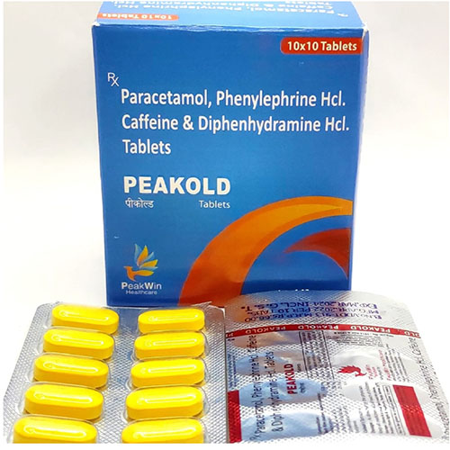 Product Name: Peakold, Compositions of Peakold are Paracetamol,Phenylephrin Hcl,Caffien & Diphenhydramine HCL Tablets - Peakwin Healthcare