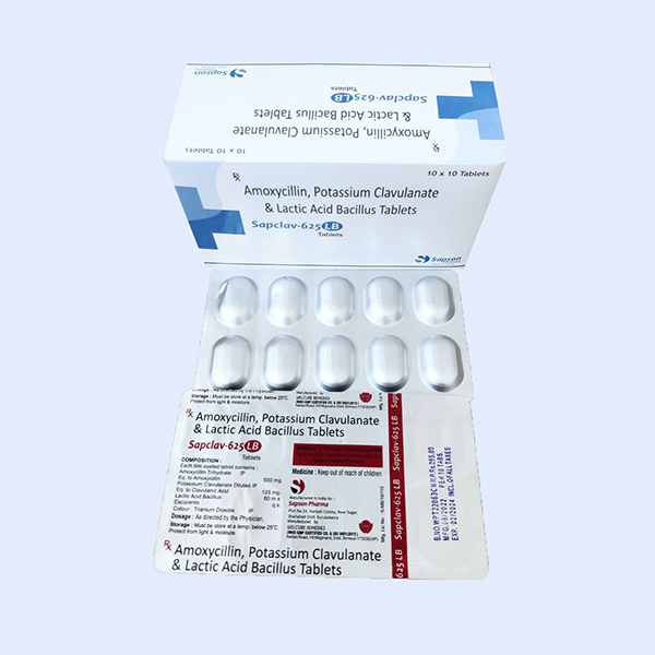 Product Name: Sapclav 625LB, Compositions of Sapclav 625LB are Amoxycillin, Potassium Clavulanate & Lactic Acid Bacillus Tablets - Sapson Pharma