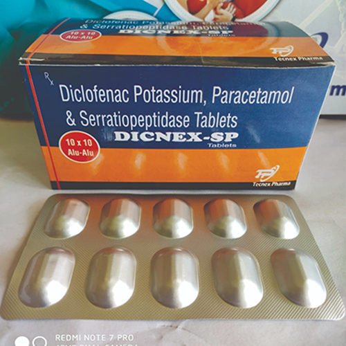 Product Name: DICNEX SP, Compositions of DICNEX SP are Diclofenac Potassium, Paracetamol & Serratiopeptidase Tablets - Tecnex Pharma