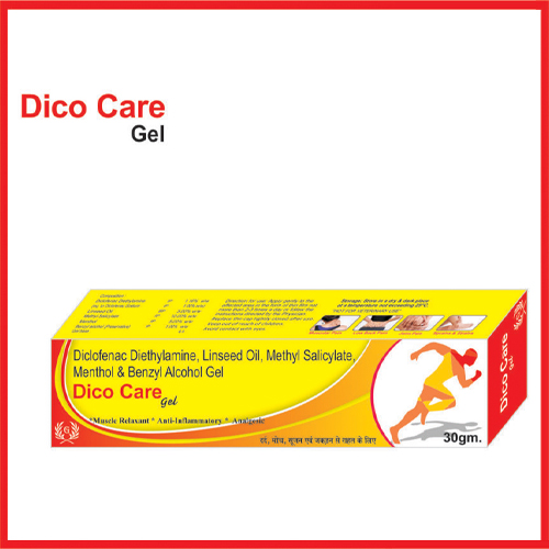 Product Name: Dicocare Gel, Compositions of Dicocare Gel are Diclofenac,Diethylamine,Linseed Oil,Methyl Salicylate,Menthol & Benzyl Alcohal Gel - Greef Formulations