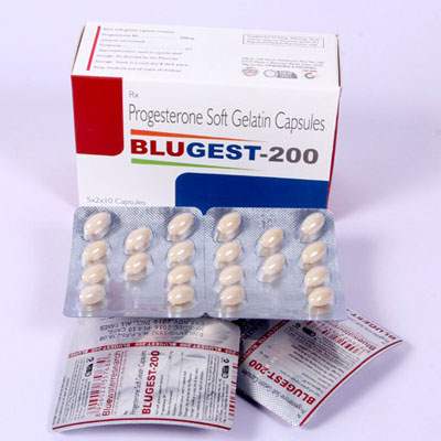Product Name: Blugest 200, Compositions of Blugest 200 are Progesterone Soft Gelatin Capsules - Bluewaterresearch