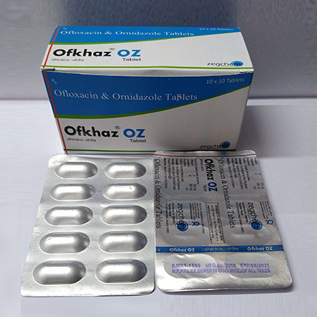 Product Name: Ofkhaz Oz, Compositions of Ofkhaz Oz are Ofloxacin & Ornidazole Tablets - Zegchem