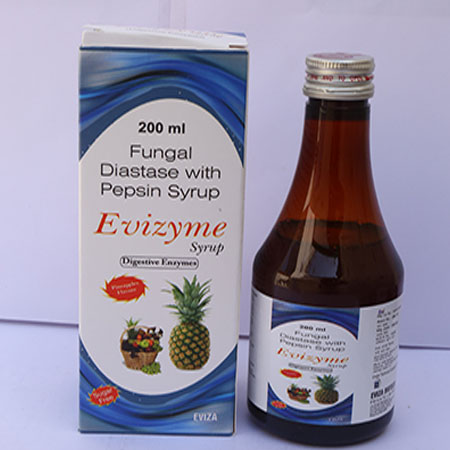 Product Name: Evizyme, Compositions of Evizyme are Fungal Diastase & Pepsin Syrup - Eviza Biotech Pvt. Ltd