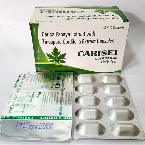 Product Name: Cariset, Compositions of Cariset are Carica Papaya Extract with Tinospora Cordifolia Extract Capsules - Pride Pharma