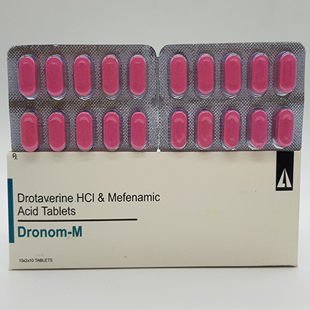 Product Name: Dronom M, Compositions of Dronom M are Drotaverine HCL and Mefenamic Acid Tablets - Acinom Healthcare