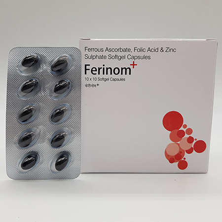 Product Name: Ferinom+, Compositions of Ferinom+ are Ferrous Ascorbate , Folic Acid and Zinc Sulphate Softgel Capsules - Acinom Healthcare