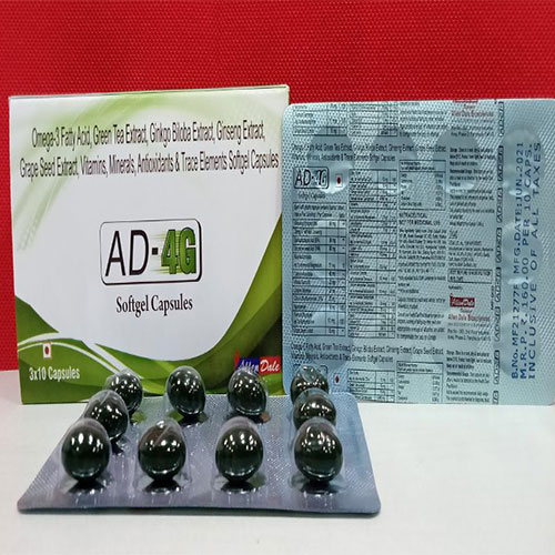 Product Name: Ad 4g, Compositions of Ad 4g are Omega 3 Fatty, Green Tea Extract , Grape Seed Extract, Vitamins - Allen Dale Biosciences