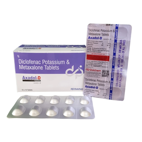 Product Name: Axadol D, Compositions of Axadol D are Diclofenac Potassium & Metaxalone Tablets - Dolchem Pharmaceuticals Private Limited