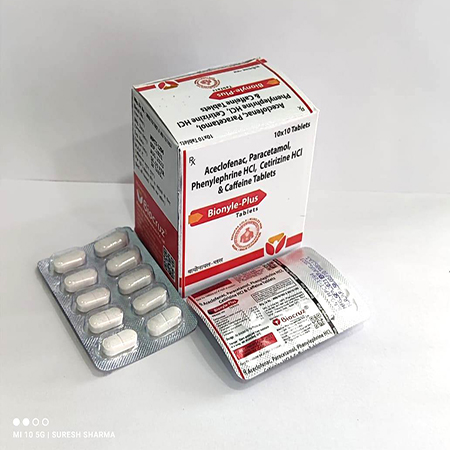 Product Name: BIONYLE PLUS, Compositions of BIONYLE PLUS are Aceclofenac, Paracetamol, Phenylphrine HCL, Cetrizine HCl & Caffeine Tablets - Biocruz Pharmaceuticals Private Limited