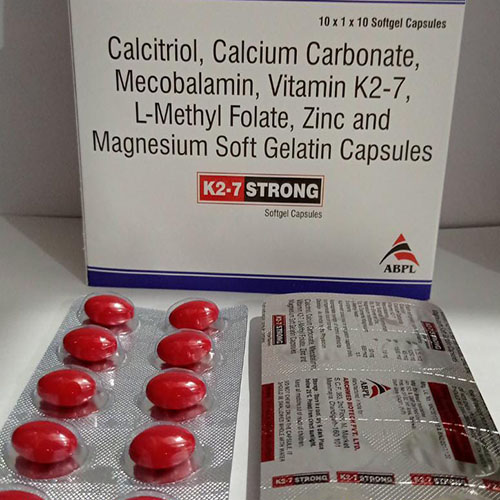 Product Name: K2 7 Strong, Compositions of K2 7 Strong are Calcitrol,Calcium Carbonate,Mecobalamin,Vitamin K27 L-Methyl Folate,Zinc Soft Gelatin Capsuless - Archmed Biotech Private Limited