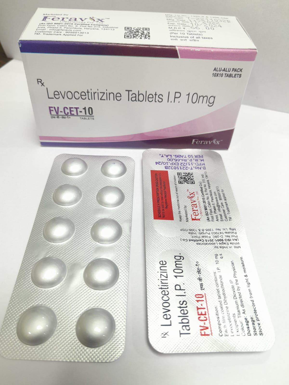 Product Name: FV CET 10 Tablets, Compositions of FV CET 10 Tablets are LEVOCETIRIZINE DIHYDROCHLORIDE 10 MG - Feravix Lifesciences
