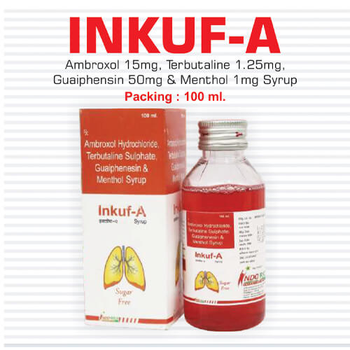 Product Name: Inkuf  A, Compositions of Inkuf  A are Ambroxal Hydrochloride,Terbutaline Sulphate,Guaiphenesin & Methol Syrup - Pharma Drugs and Chemicals