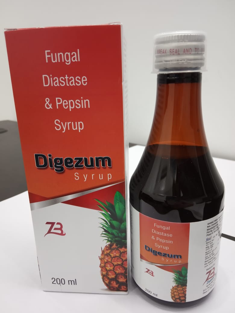 Product Name: Digezum Syrup, Compositions of Digezum Syrup are Fungal Diastate  & Pepsin Enzyme Syrup - Zumax Biocare