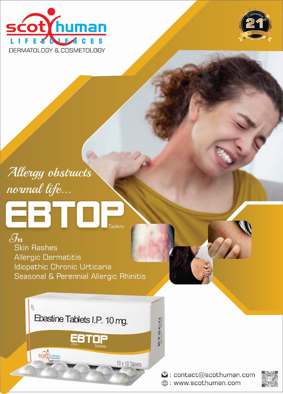 Product Name: Ebtop, Compositions of Ebtop are Ebastin Tablets IP 10 mg - Pharma Drugs and Chemicals