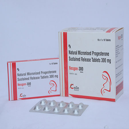 Product Name: Nesgon 300, Compositions of Nesgon 300 are Natural Micronised Progesterone Sustained Release Tablets 300mg - Alencure Biotech Pvt Ltd