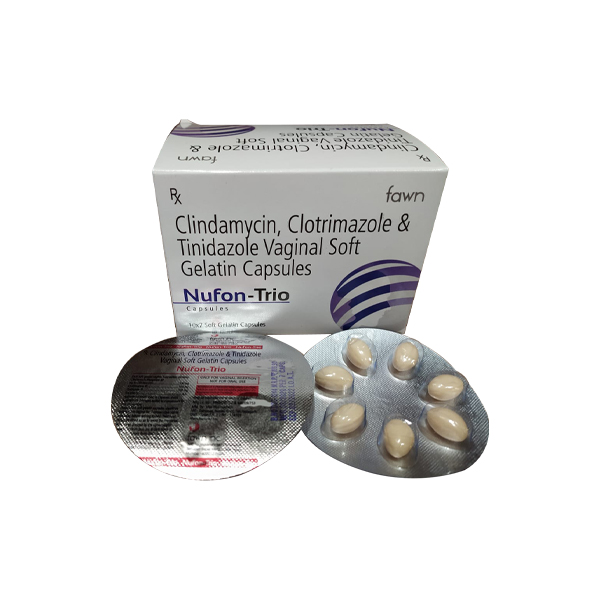 Product Name: NUFON TRIO, Compositions of Clindamycin phosphate 100 mg + Clotrimazole Vaginal 100 mg. + Tinidazole 100 mg are Clindamycin phosphate 100 mg + Clotrimazole Vaginal 100 mg. + Tinidazole 100 mg - Fawn Incorporation