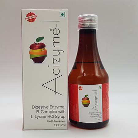 Product Name: Acizyme, Compositions of Acizyme are Digestive Enzyme, B Complex with L Lysine HCL Syrup - Acinom Healthcare