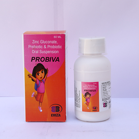 Product Name: Probiva, Compositions of Probiva are Zinc Gluconate Prebiotic & Probiotic Oral Suspension - Eviza Biotech Pvt. Ltd