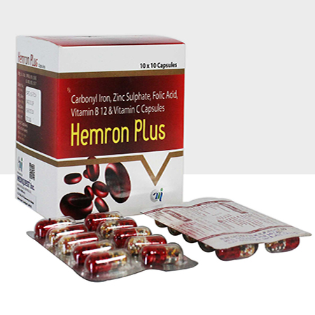 Product Name: HEMROM PLUS, Compositions of HEMROM PLUS are Carbonyl Iron, Zinc Sulphate, Folic Acid, Vitamin B 12 & Vitamin C Capsules - Mediquest Inc